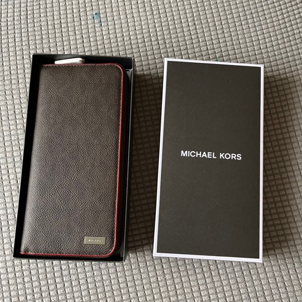 Michael Kors Jet Set Mens Brown/Ren Monogram Tech Zip Around Long Wallet